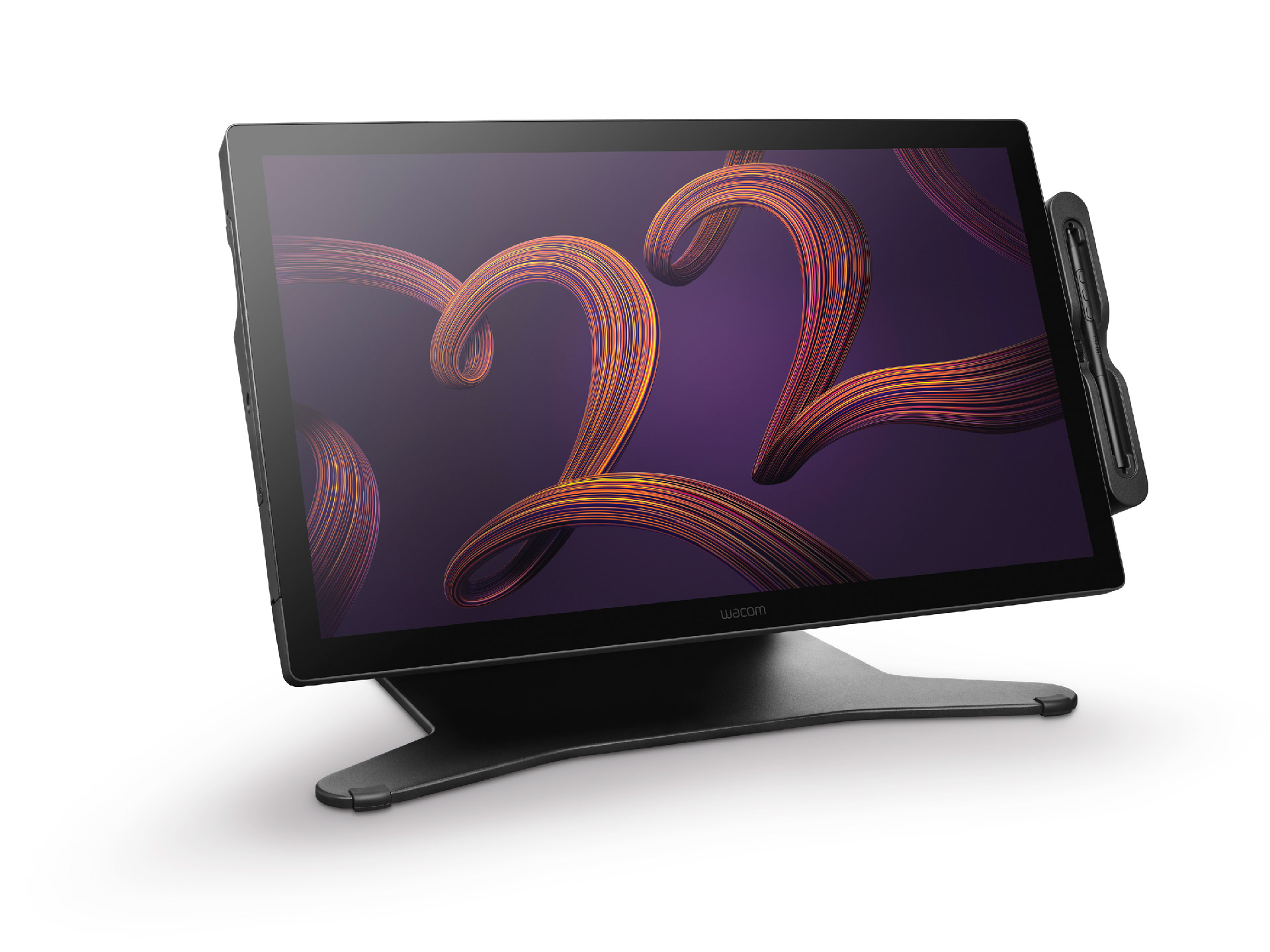 Wacom_Cintiq_Pro_22_left_view_with_stand_display_tilted_at_the_back_arm_45°_pen_tray_with_pen_inside_attached_on_the_right